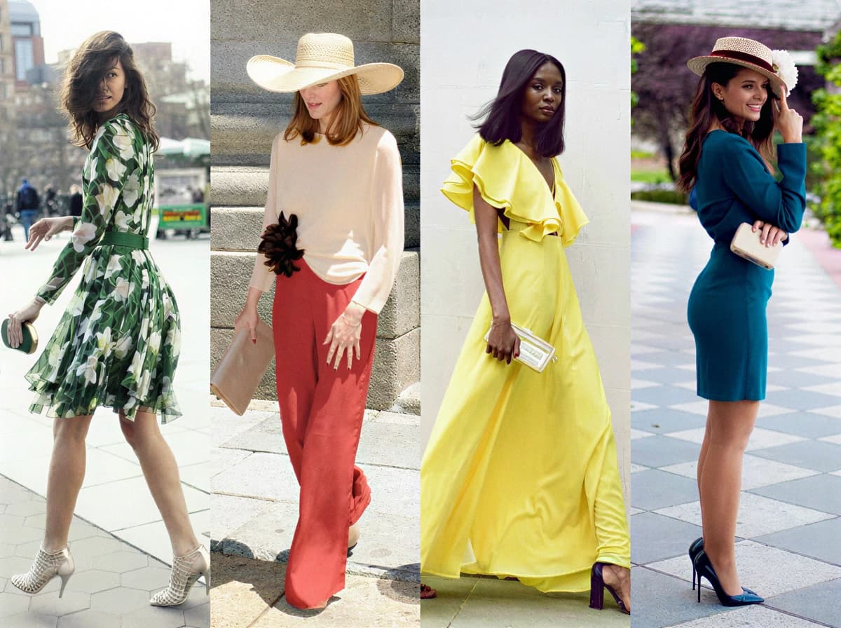 Colorful elegant outfits with hats — Spanish wedding guest style
